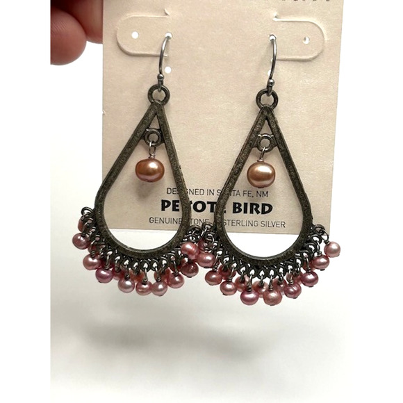 NWT Peyote Bird Pearl Teardrop Chandelier Earrings Genuine Stone Sterling Silver - Picture 2 of 5